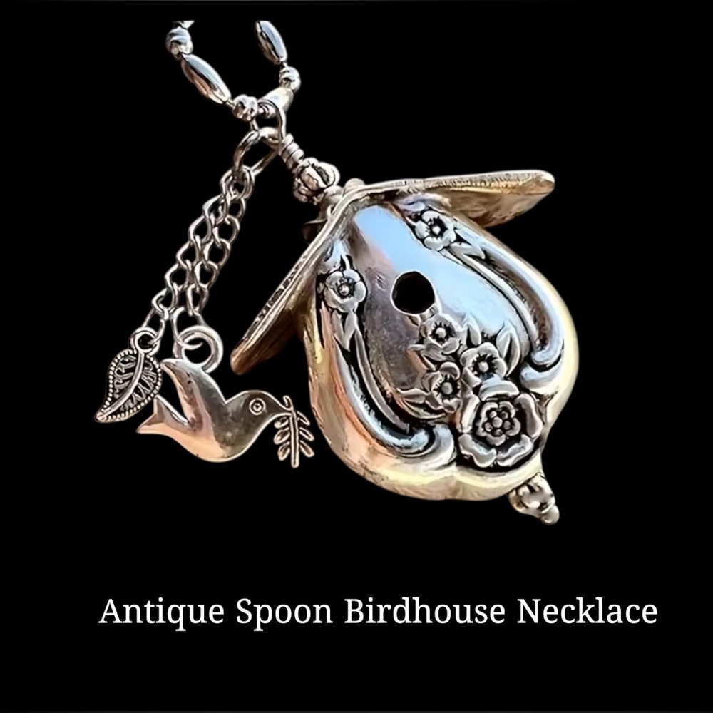Antique Style Spoon Birdhouse Necklace w/ Dove Womens Mothers Day Jewelry Gift